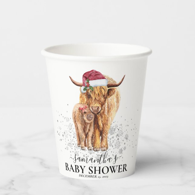 Gobelets En Papier Noël Hiver Highland Cow Calf Baby shower (Recto)