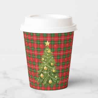 Gobelets En Papier Noël Plaid Rouge, Vert avec Croix d'or