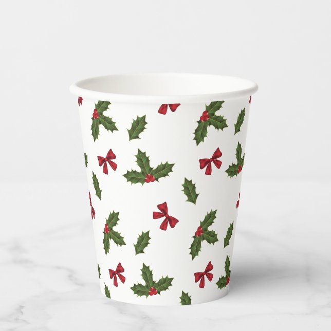 Gobelets En Papier Noël Plantes Holly et Red Bows Motif (Recto)