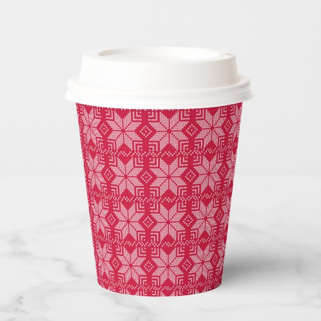Gobelets En Papier Noël, scandinave, rouge, blanc, flocons de neige, (Recto)