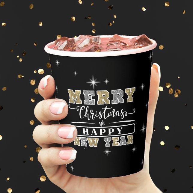 Gobelets En Papier Noir Argent & Or Joyeux Noël Bonne Année (Black Silver & Gold Merry Christmas Happy New Year Paper Cups)