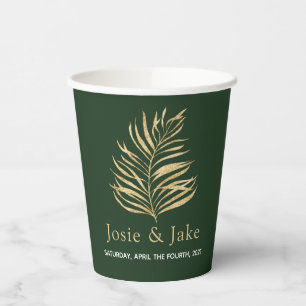 Gobelets En Papier Nom du mariage de la feuille de palme dorée et tas