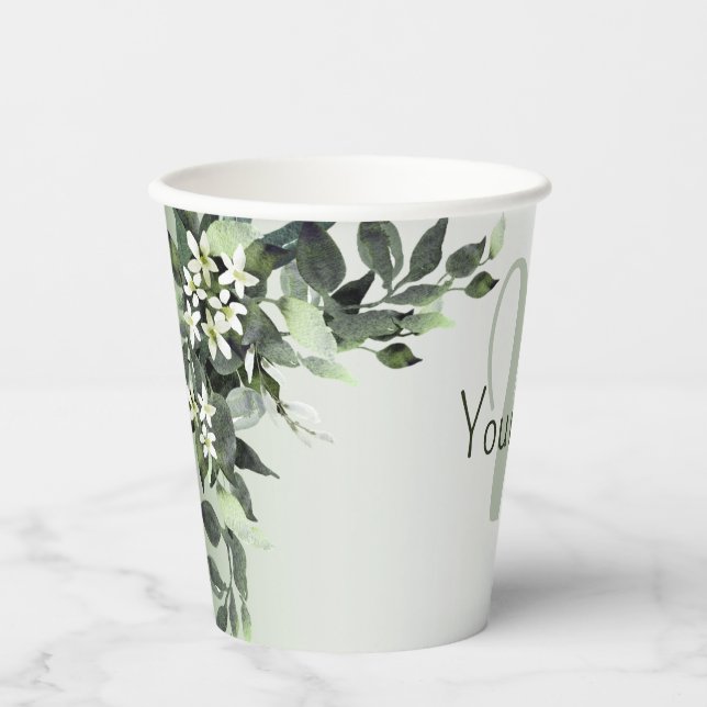 Gobelets En Papier Nom du monogramme Vert Floral Eucalyptus Feuilles (Recto)