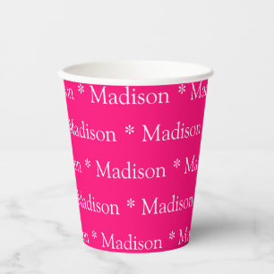 Gobelets En Papier Nom personnalisé fuchsia rose chaud blanc motif mi