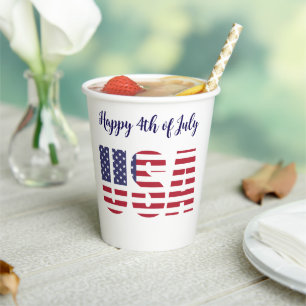 Gobelets En Papier Nom, USA Drapeau Stencil Happy 4th 8oz or 12oz Par
