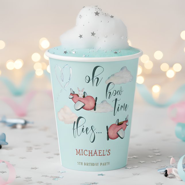 Gobelets En Papier Oh comment le temps vole rétro avion garçon annive (Créateur téléchargé)