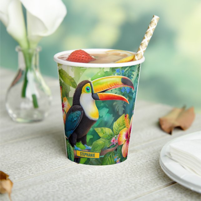 Gobelets En Papier Oiseau tropical Toucan Nom personnalisé (Insitu)