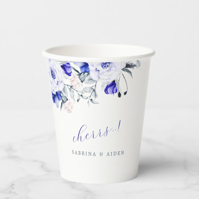 Gobelets En Papier Ombre du mariage floral d'ivoire bleu royal (Recto)