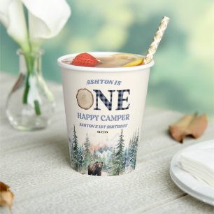 Gobelets En Papier ONE Happy Camper Bear Bleu 1er anniversaire fête