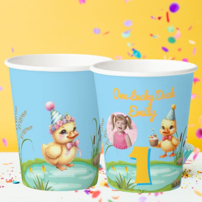 Gobelets En Papier One Lucky Duck Kids Birthday Photo (Créateur téléchargé)