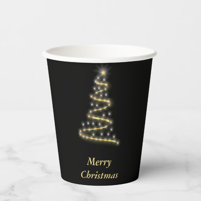 Gobelets En Papier Or brillant sapin de Noël noir (Recto)