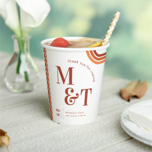 Gobelets En Papier Orange Retro Seventies Stripes Monogramme Mariag