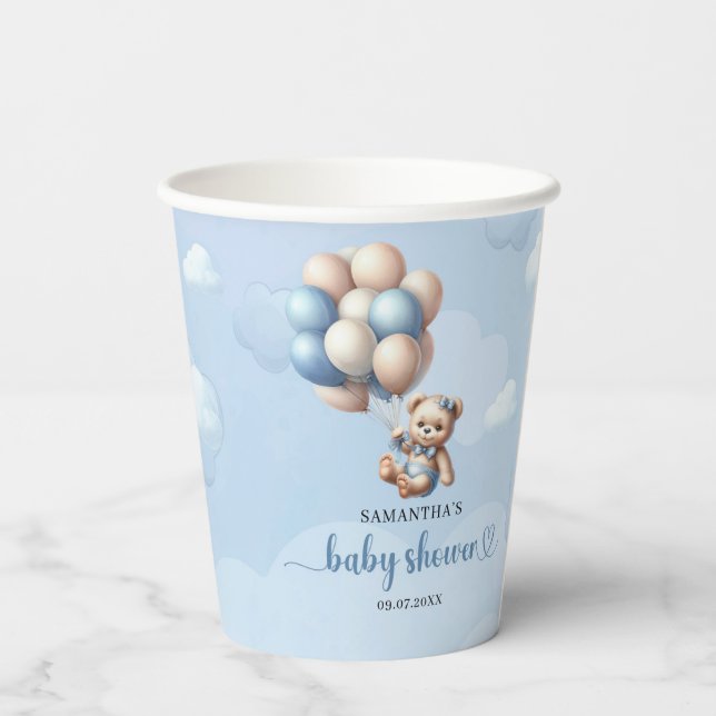 Gobelets En Papier Ours en peluche descendant des ballons bleus (Verso)