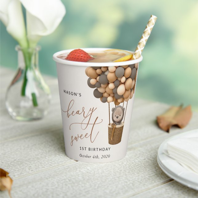 Gobelets En Papier Ours mignon, Ballons Brown, Premier anniversaire (Insitu)