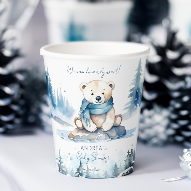 Gobelets En Papier Ours polaire baby shower d'hiver arctique modèle (Polar bear arctic winter baby shower personalized tableware template paper cup cute white teddy bear)