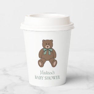 Gobelets En Papier Ourson en Sage Vert Blanc avec Nom Baby Shower