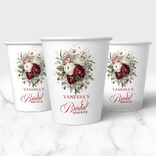 Gobelets En Papier Papier floral de couleur Bourgogne doré pour une f