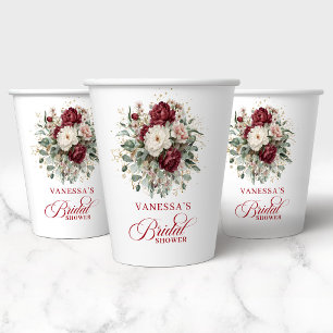 Gobelets En Papier Papier Rustique Bourgogne Floral Doré pour Baby Sh