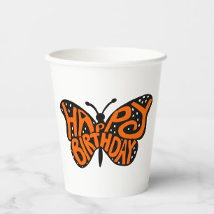 Gobelets En Papier Papillon Monarque Noir et Orange Joyeux Anniversai