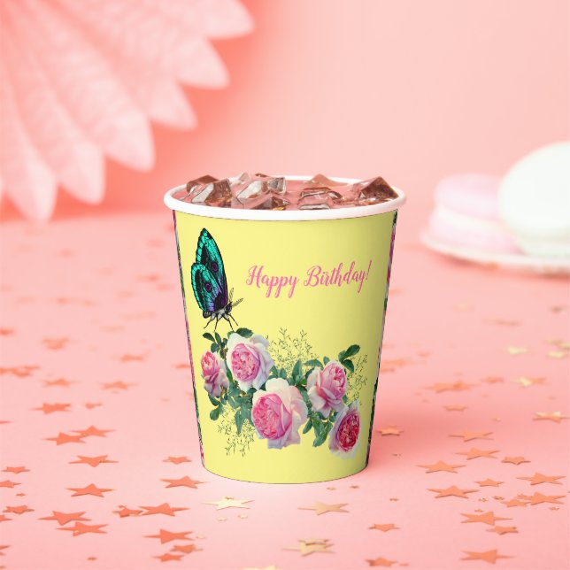 Gobelets En Papier Papillon rose Joyeux Coupes de papier d'anniversai (Insitu)