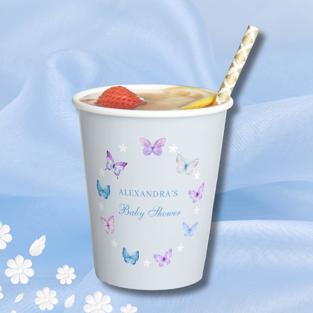 Gobelets En Papier Papillon rose violet Dusty Baby shower bleu (Créateur téléchargé)