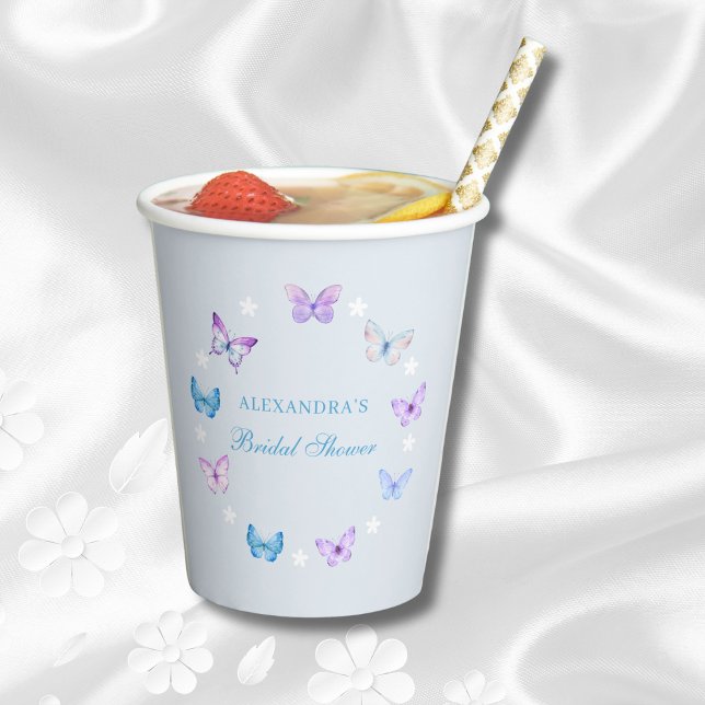 Gobelets En Papier Papillon rose violet Dusty Fête des mariées bleue (Créateur téléchargé)