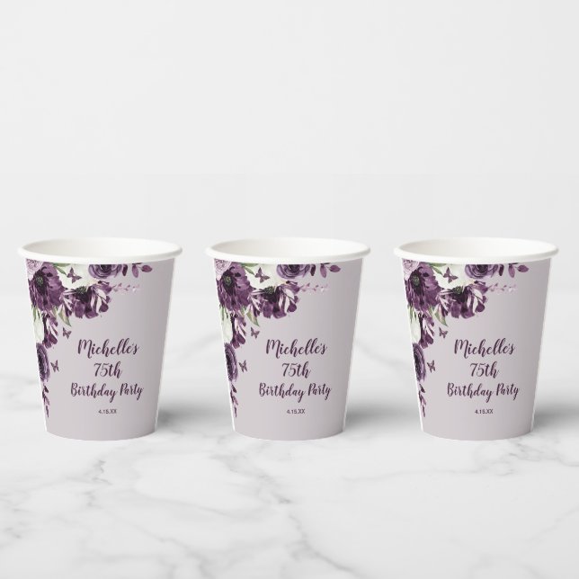 Gobelets En Papier Papillons aux fleurs blanches violettes 75e annive (Multi)