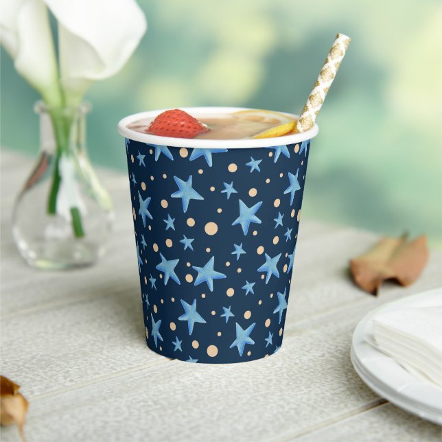 Gobelets En Papier Parti Motif Star Blue de la marine moderne (Insitu)
