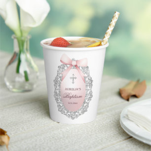 Gobelets En Papier Parties scintillant Argent Cadre rose Bow Baptême