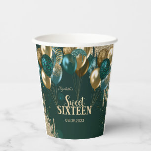 Gobelets En Papier Parties scintillant d'or Ballons Green Sweet 16
