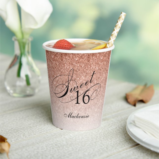 Gobelets En Papier Parties scintillant Glam Sweet 16 Rose Gold Person (Insitu)