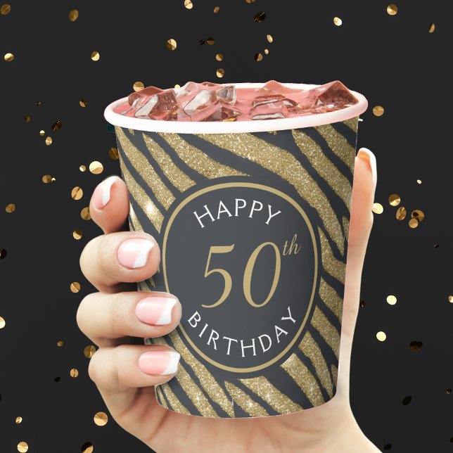Gobelets En Papier Parties scintillant noir & or Tiger Stripe 50e ann (black and gold glitter zebra / tiger stripe 50th birthday party paper cup)