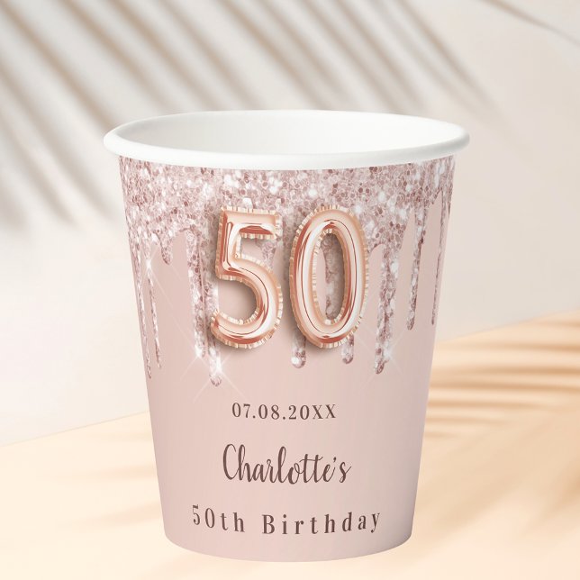 Gobelets En Papier parties scintillant or rose de 50e anniversaire go (Créateur téléchargé)