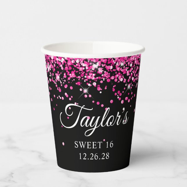 Gobelets En Papier Parties scintillant rose chaud Black Sweet 16 (Gauche)