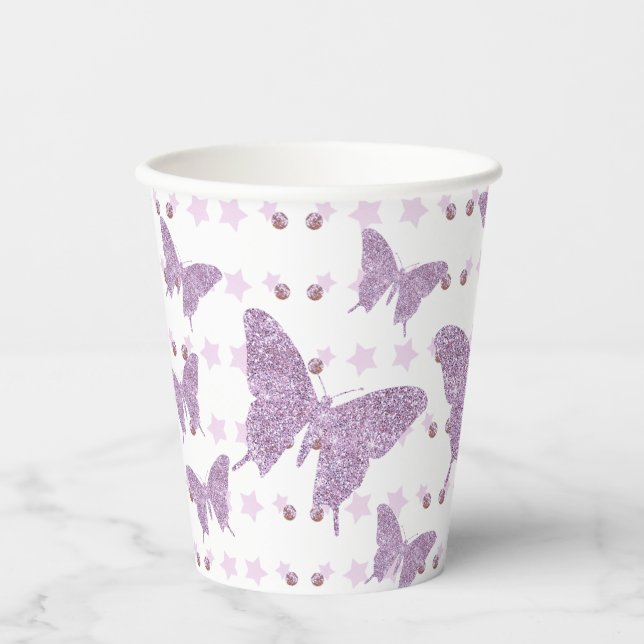 Gobelets En Papier Parties scintillant violette Papillon d'anniversai (Recto)