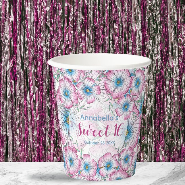 Gobelets En Papier Pastel bohème Floral rose bleu doux 16 (Créateur téléchargé)