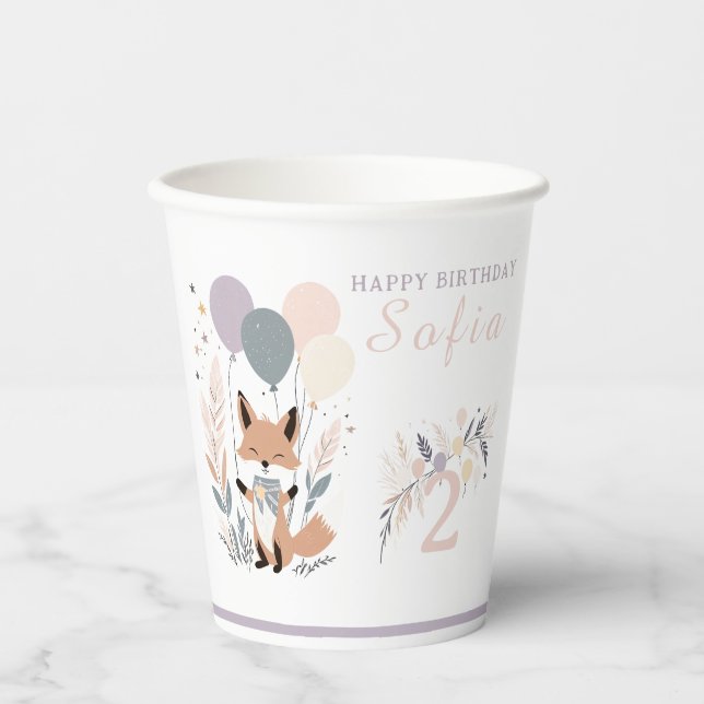 Gobelets En Papier Pastel Boho Fox et Balloons Anniversaire (Recto)