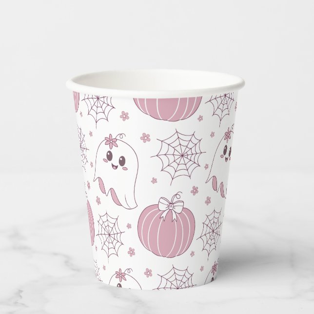 Gobelets En Papier Pastel Pink Halloween Motif sans couture (3) (Recto)