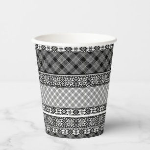 Gobelets En Papier Patchwork rayé noir et blanc avec dentelle