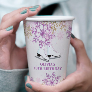 Gobelets En Papier Patinage d'anniversaire flocon de neige violet et 
