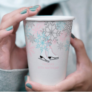 Gobelets En Papier Patinage d'anniversaire Flocons de neige Rose Bleu