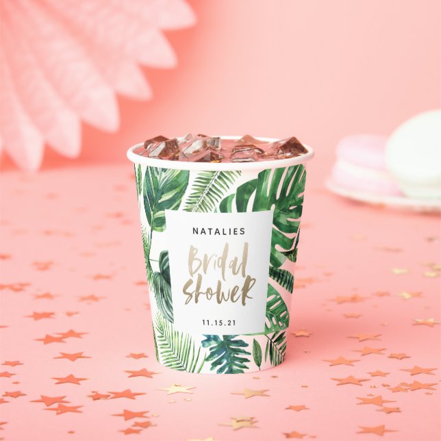 Gobelets En Papier Paume tropicale vert et or script nuptiale douche (Insitu)