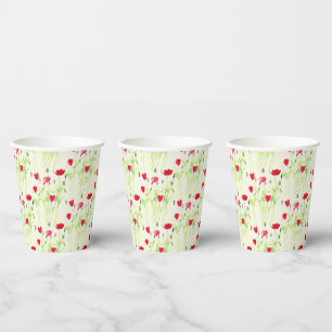 Gobelets En Papier Pavot rouge prairie estivale, fleurs sauvages