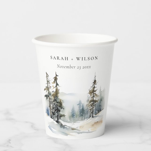 Gobelets En Papier Paysage des neiges d'hiver Mariage d'aquarelle (Recto)