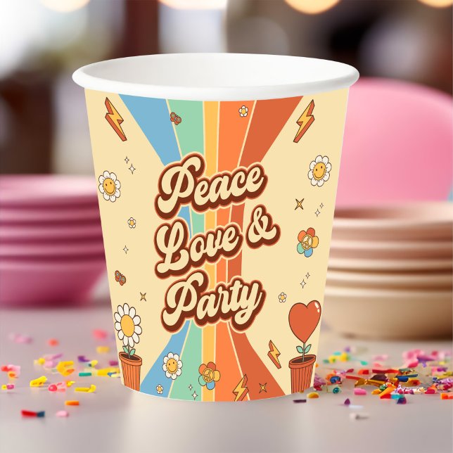 Gobelets En Papier Peace Love Party Retro Rainbow 6e anniversaire (Créateur téléchargé)