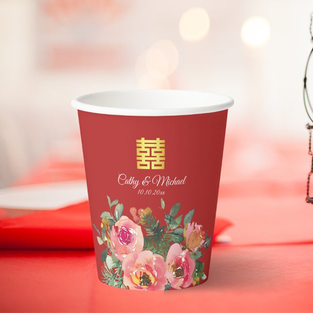 Gobelets En Papier Peony floral double bonheur chinois mariage rouge (Créateur téléchargé)