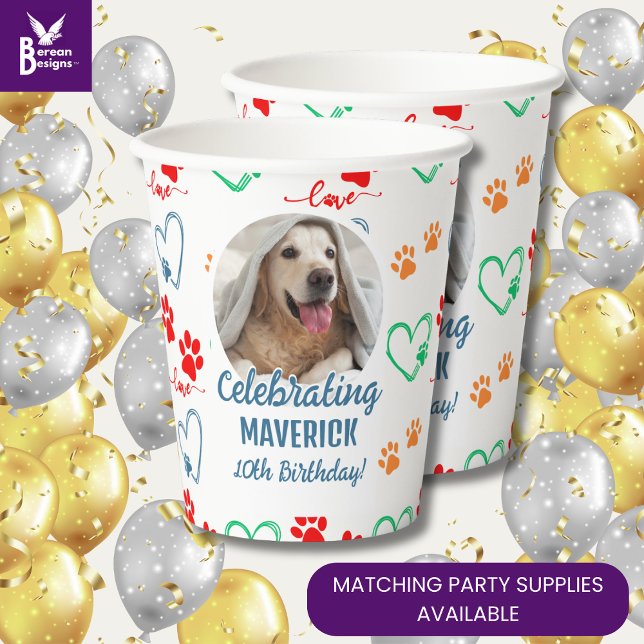 Gobelets En Papier Personnalisable Photo Empreinte de patte Chien fêt (Cute Dog Birthday Party paper cups with customizable photo and text. Also ideal for pet adoptions)