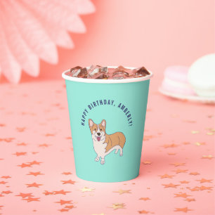 Gobelets En Papier Personnalisé Corgi Chien Mint Green Anniversaire P