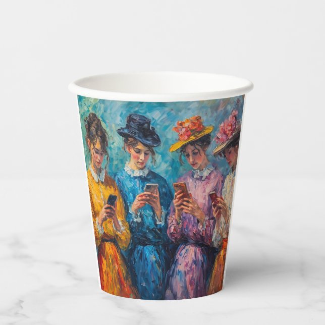 Gobelets En Papier Personnes du 19e siècle utilisant des smartphones (Recto)