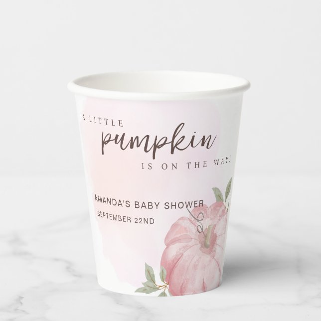 Gobelets En Papier Petit Citrouille rose Baby shower d'automne (Recto)